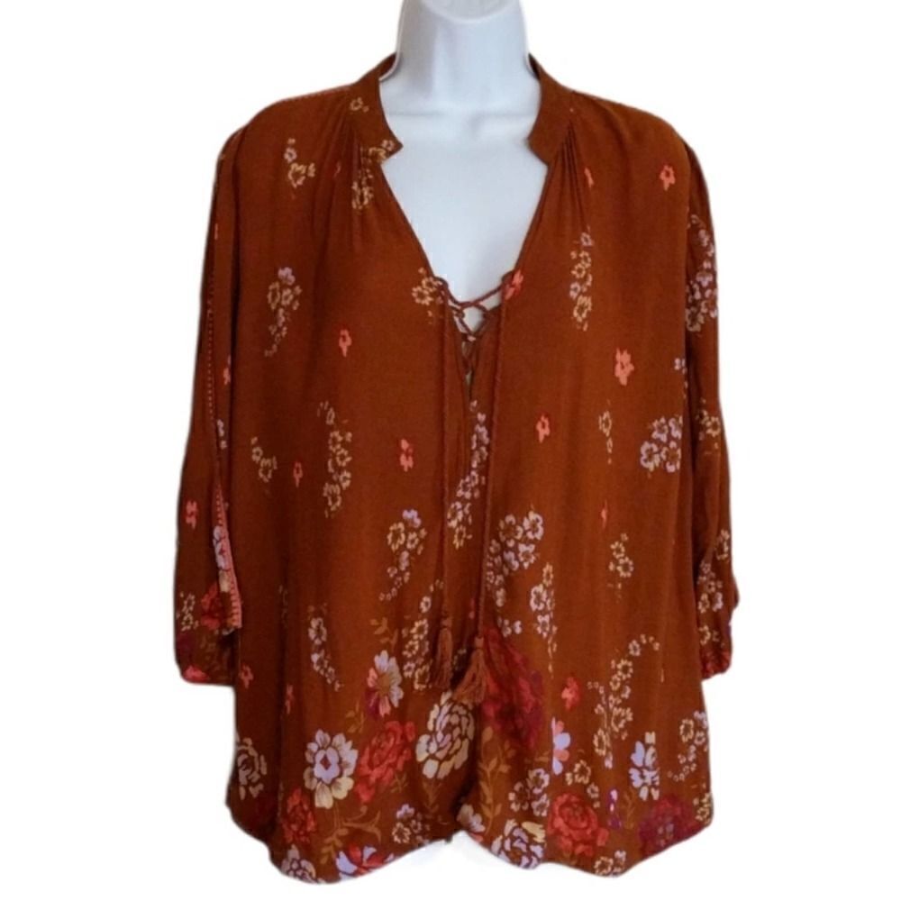 Terracotta orange boho blouse floral Ecoté vneck